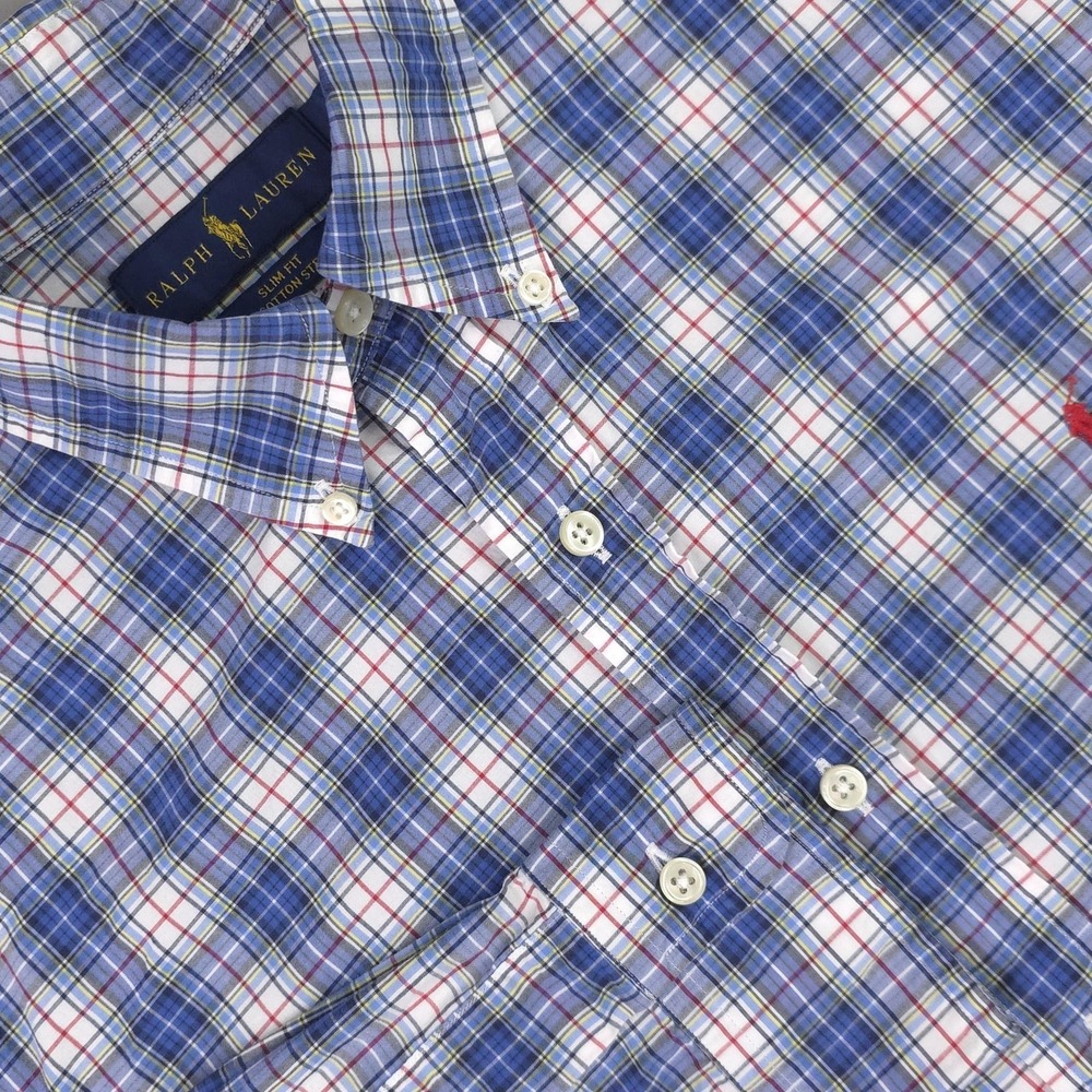 Ralph Lauren Shirt Mens Medium Blue Plaid Long Sleeve Cotton Slim Fit‎ Stretch